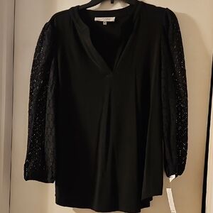 Kasper Black Blouse with Lace Sleeves